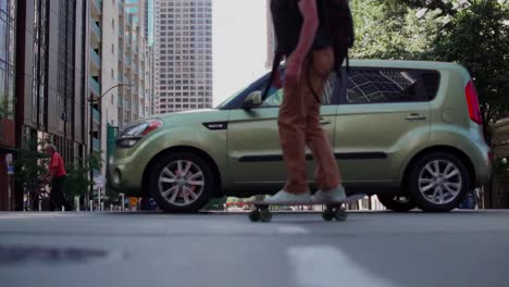 Pedestrians-on-City-Crosswalk-Seattle-Washington-Skater-Passes-By