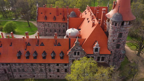 Birds-eye-view-of-castle-tower-of-medieval-palace-in-Cesvaine,-Latvia