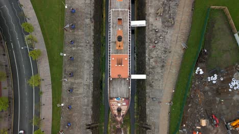 Overhead-aerial-shot-of-the-SS-Nomadic-in-Belfast,-Northern-Ireland---homeplace-of-the-Titanic