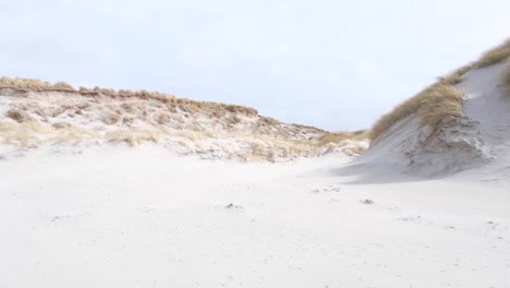 Large-sand-dunes-covered-with-turfs-of-marram-grasses-blowing-in-the-wind-during-wild-windy-weather-in-Berneray,-Outer-Hebrides-of-Western-Scotland-UK