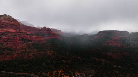 Sedona-Red-Rocks-On-A-Cloudy-Day-In-Arizona---Aerial-Drone-Shot