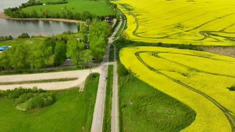 Vista-Aérea-De-Un-Lago-Rodeado-De-Campos-Verdes,-Un-Campo-De-Colza-De-Color-Amarillo-Brillante-Y-Un-Camino-Rural-Con-Coches-Y-árboles