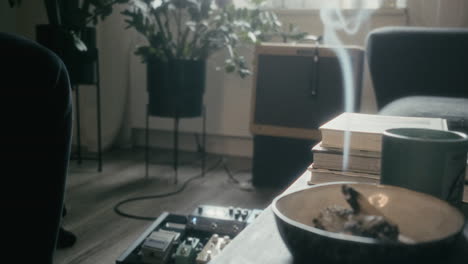 living-room-with-sound-equipment-on-the-floor,-potted-plants,-a-sound-box-with-a-microphone-on-it,-a-couch,-a-table-with-some-books-and-a-incense