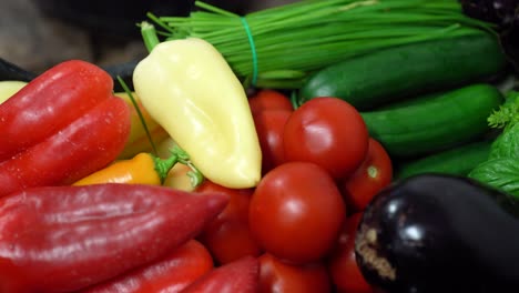 Closeup-shot-red-yellow-peppers-green-cucumbers-eggplant-long-onion-in-a-box