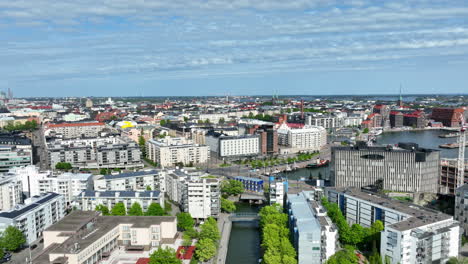 Ruoholahti-canal-and-park,-vibrant-spring-colors-in-Helsinki---pull-back,-drone-shot