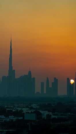Vertikaler-4K-Zeitraffer,-Sonnenuntergang-über-Der-Skyline-Von-Dubai,-Vereinigte-Arabische-Emirate