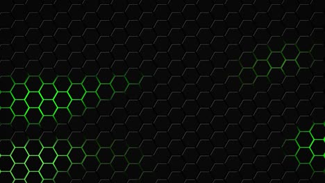 Dark-hexagon-geometry-glowing-tiles-3D-animation-neon-LED-luminance-light-shapes-cyber-digital-pattern-technology-background-color-dark-green