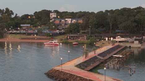 Aerial-Flyover-Of-Dock-At-Sunset