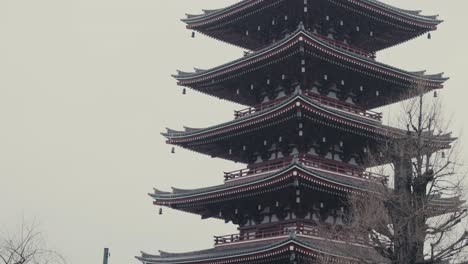 Five-Storied-Pagoda-At-Buddhist-Temple-On-Rainy-Day-In-Tokyo,-Japan