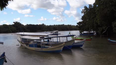 Barcos-De-Madera-Estacionados-En-Una-Pequeña-Bahía-De-Un-Río-Tropical-Mientras-Llega-Otro-Barco,-Durante-Una-Lluvia-Ligera.