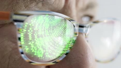 Close-up-infinite-zeros-and-ones-matrix-like-flow-numbers-at-glasses-reflection,-coding-binary-code