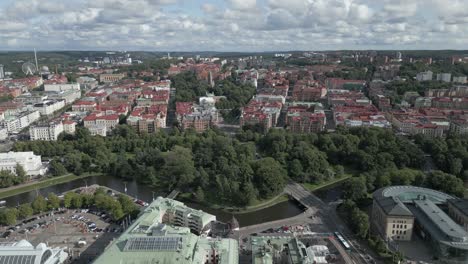 Downtown-flyover-toward-harbour-canal-in-city-of-Gothenburg,-Sweden