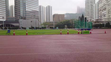 Rainy-day-on-sporting-grounds,-Kwai-Chung-sports-park-near-Hong-Kong,-on-rainy-day