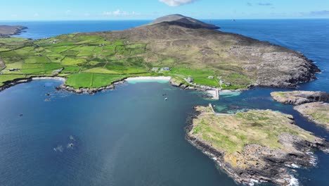 Drone-landscape-panning-remote-West-Cork-Peninsula-sheltered-harbour,islands-and-deserted-beaches,the-Wild-Beauty-of-The-Wild-Atlantic-Way-Ireland-in-all-its-natural-beauty