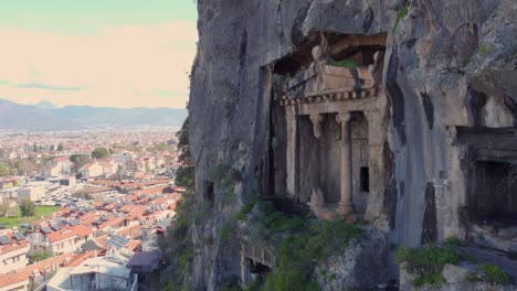 Huge-Amyntas-Tomb-in-Fethiye,-Aerial-Drone-View,-Muğla-Türkiye:-Built-in-the-Year-350-BC