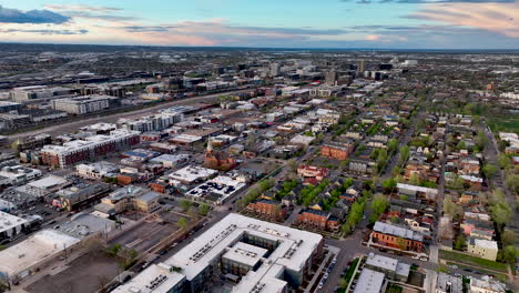 River-North-Art-District-in-Denver-Colorado,-aerial-dolly-tilt-down