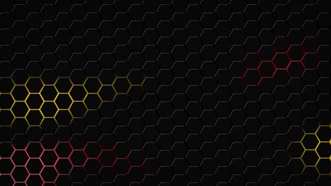 Oscuro-Hexágono-Geometría-Brillante-Azulejos-3d-Animación-Neón-Led-Luminancia-Luz-Formas-Ciber-Digital-Patrón-Tecnología-Fondo-Color-Rojo-Oscuro-Naranja
