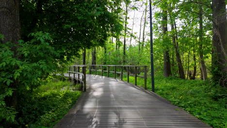 A-wooden-walkway-winding-through-a-lush-green-forest,-surrounded-by-trees-and-vegetation,-under-natural-light