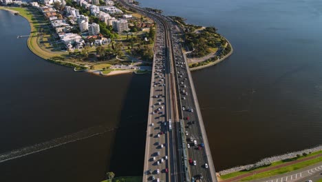 Cars-Driving-Through-Narrows-Bridge-Over-Swan-River-With-South-Perth-In-Western-Australia
