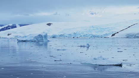 Winterlandschaft-In-Der-Antarktis-Mit-Bergen,-Eisbergen-Und-Meer-In-Kalter-Blauer-Landschaft,-Meereslandschaft-Mit-Eis-Und-Gletscher-In-Dramatisch-Schöner-Küstenszene-An-Der-Küste,-Stimmungsvolle-Blaue-Atmosphäre