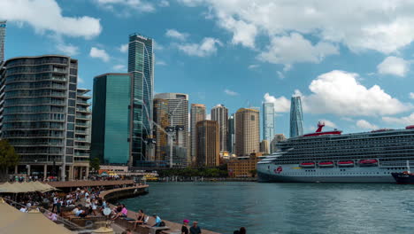 Timelapse,-Sydney-Australia-City-Harbor,-Cruise-Ship-Terminal,-Ferry-Line-Boats-and-People-on-Sunny-Day