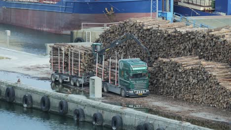 LKW-Mit-Kran-Am-Hafen,-Der-Holz-Entlädt