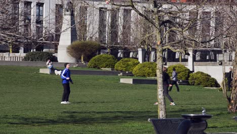 A-couple-of-people-play-volleyball-in-an-outdoor-park