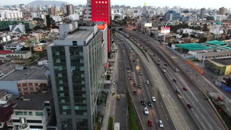 4k-daytime-aerial-video-of-Via-Expressa-highway-in-the-financial-area-of-San-Isidro-and-Surquillo,-Lima,-peru