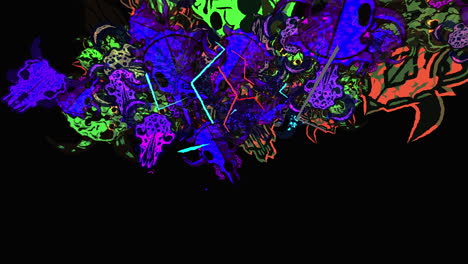 Ein-4K-Endlosschleife,-Heller-Hintergrund-Mit-Stammesschädeln-Und-Linien,-Die-Auf-Schwarzem-Hintergrund-In-Richtung-Der-Kamera-Animiert-Werden