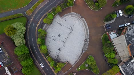 Aerial-shot-over-CS-Lewis-Square-in-East-Belfast,-Northern-Ireland