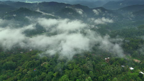 Vista-Aérea-Lejana-De-Una-Densa-Selva-Tropical,-Montañas-De-Vegetación-Y-Nubes-Brumosas,-Vistas-Reales-De-Munnar,-Kerala,-India.