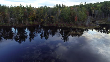 Toma-De-Camión-De-Izquierda-A-Derecha-De-Coloridos-álamos-A-Lo-Largo-De-La-Costa-Y-Su-Reflejo-En-Un-Lago-Tranquilo-En-Maine-Durante-El-Otoño.