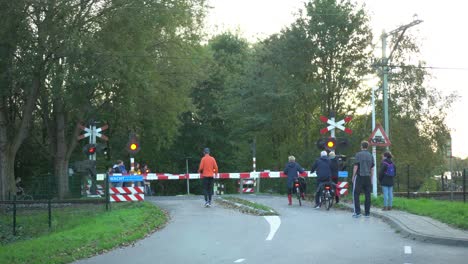 Dutch-passenger-train-passing-through-level-crossing-in-urban-park-suburb