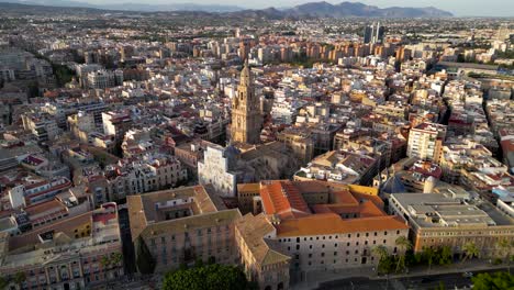 Cinematic-aerial-view-of-old-town-center-of-Murcia-city