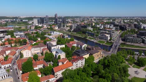 Scenic-Aerial-View-Above-Vilnius,-Lithuania-towards-Modern-Skyline