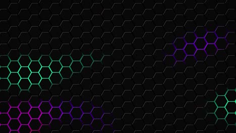 Dark-hexagon-geometry-glowing-tiles-3D-animation-neon-LED-luminance-light-shapes-cyber-digital-pattern-technology-background-color-dark-rainbow-purple