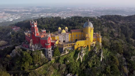 Colorful-Royal-Pena-Palace-in-Sintra,-Portugal:-Landscape-View-of-the-Kngdo