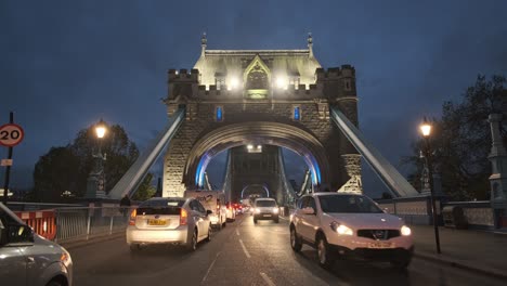 Heavy-traffic-on-tower-bridge-at-blue-hour-from-centre-of-the-road