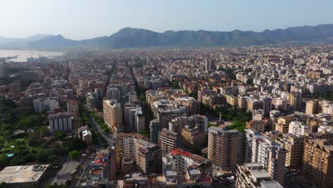 Scenic-Aerial-View-Above-Palermo,-Sicily's-Capital-City-at-Sunrise-in-Summer