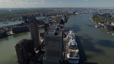 Cruise-Ship-Terminal-On-Nieuwe-Maas-With-Office-And-Residential-Buildings-In-Rotterdam,-Netherlands