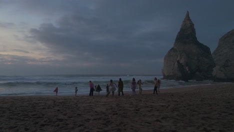 Glückliche-Menschen-Tanzen-Auf-Sand-Mit-Meereshintergrund