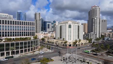 West-Habor-Drive-and-Pacific-Coast-Highway-intersection-in-downtown-San-Diego,-aerial-view