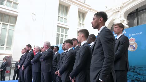 British-soccer-player,-Jude-Bellingham-is-seen-with-his-teammates-as-the-Real-Madrid-professional-football-team-takes-part-during-a-reception-celebrating-the-Spanish-football-league-La-Liga-title