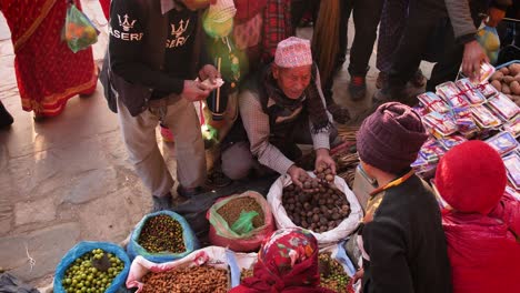 Close-elevated-shot-of-market-stall,-Bhaktapur,-Kathmandu-Valley,-Nepal