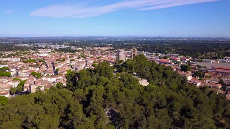 Aerial-establishing-shot-of-the-remaining-towers-of-Châteaurenard-in-France