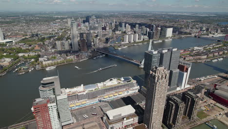 Aerial-View-Over-Hotel-New-York,-Montevideo-Tower-And-World-Port-Center-In-Rotterdam,-Netherlands---Drone-Shot