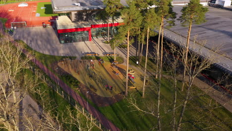 Aerial-view-of-Janis-Dalins-stadium-and-track-in-Valmiera,-Latvia