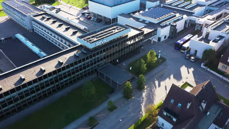 Tervis-Medical-Spa-in-Pärnu,-Estonia-in-Aerial-Parallax-view-on-Golden-Hour