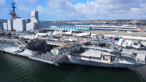 Mighty-USS-Midway---an-aircraft-carrier-of-United-States-Navy,-the-lead-ship-of-its-class,-opened-as-museum,-aerial-view