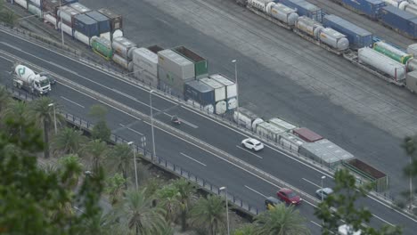 Scenic-high-angle-view-of-Barcelona-highway-with-cars-and-trucks-driving